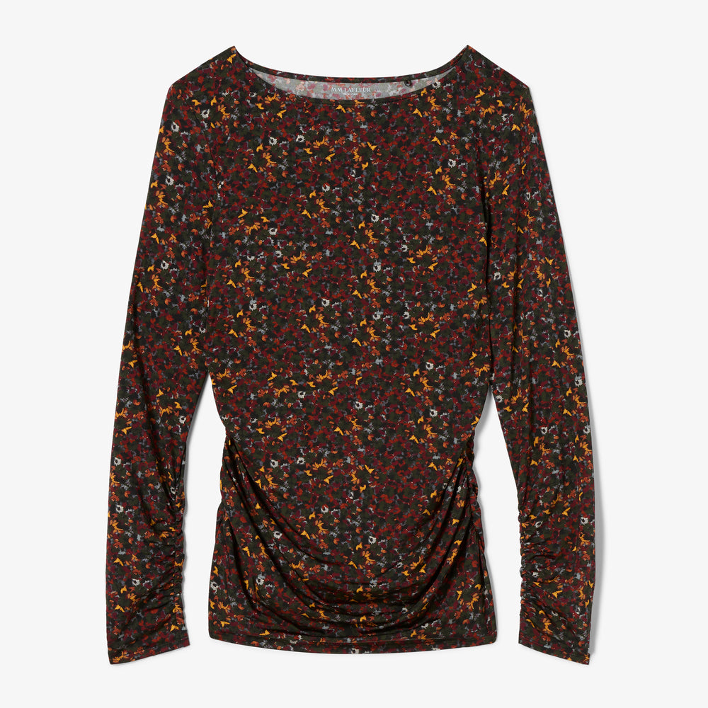 Long-sleeve top with a floral pattern on a white background