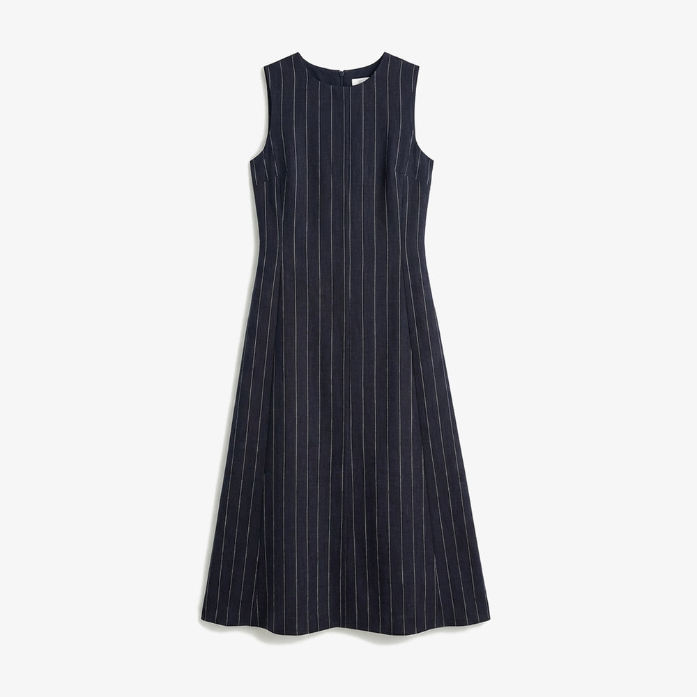 Navy pinstripe dress on a white background