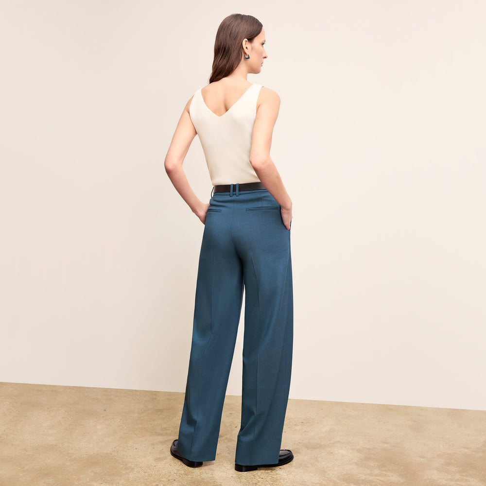 back image of a woman wearing the rina pant in bluebell
