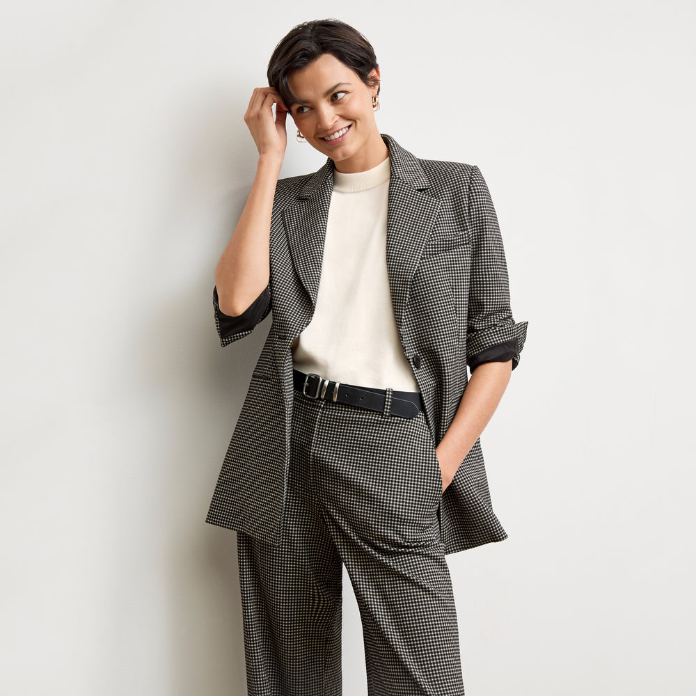 front image of a woman wearing the rossi blazer in classic check