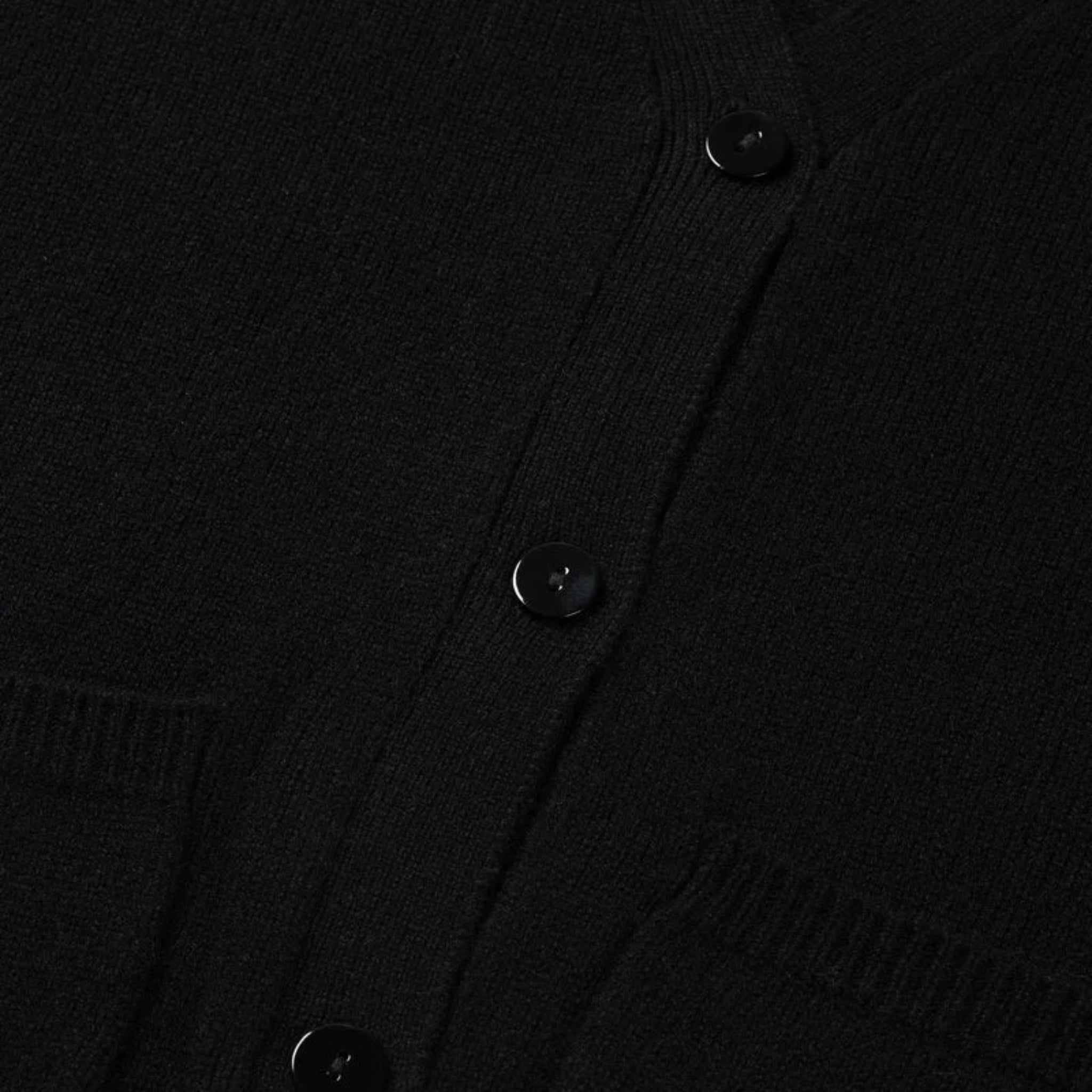 Close-up of a black cardigan with buttons on a plain background