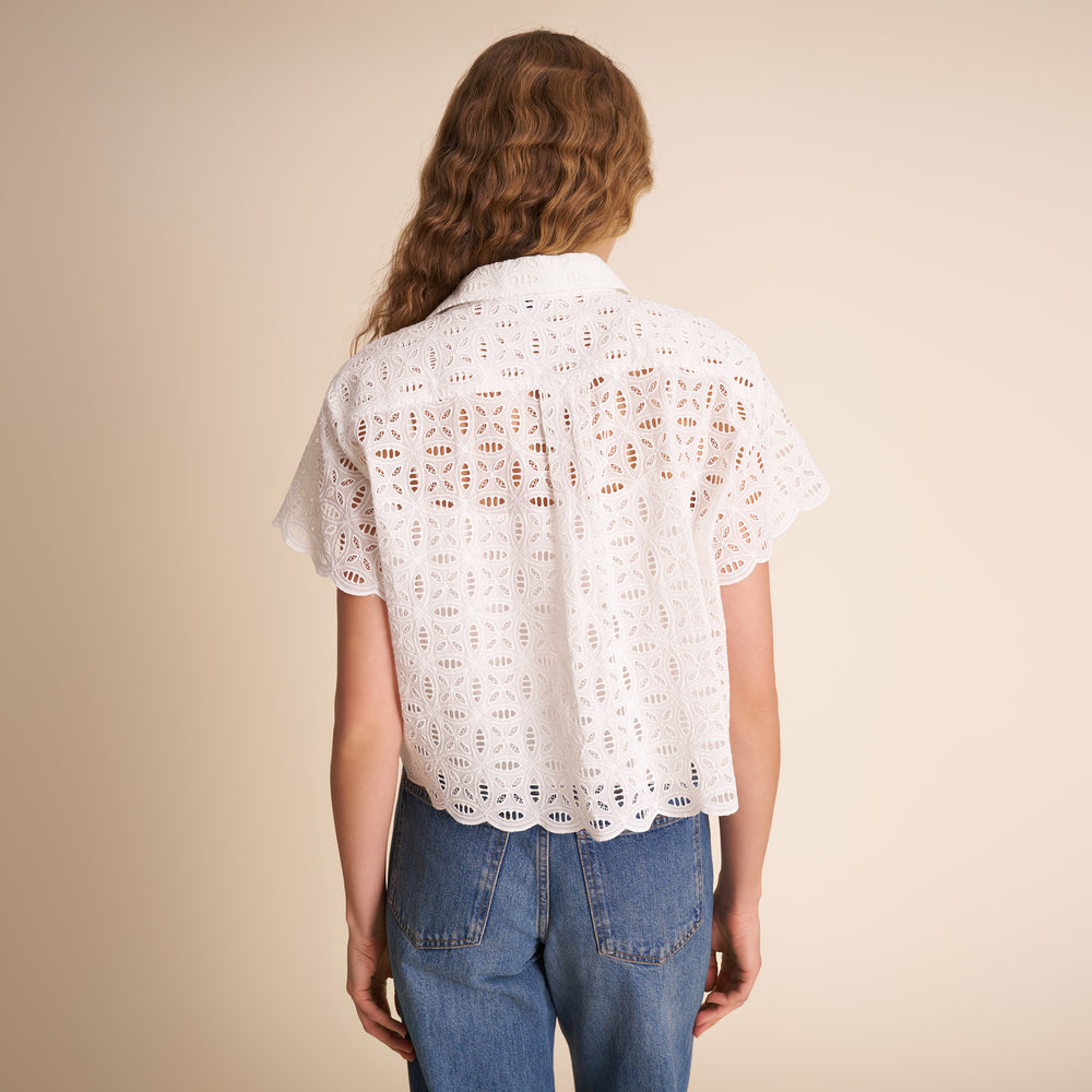 Person wearing a white lace top and blue jeans on a beige background