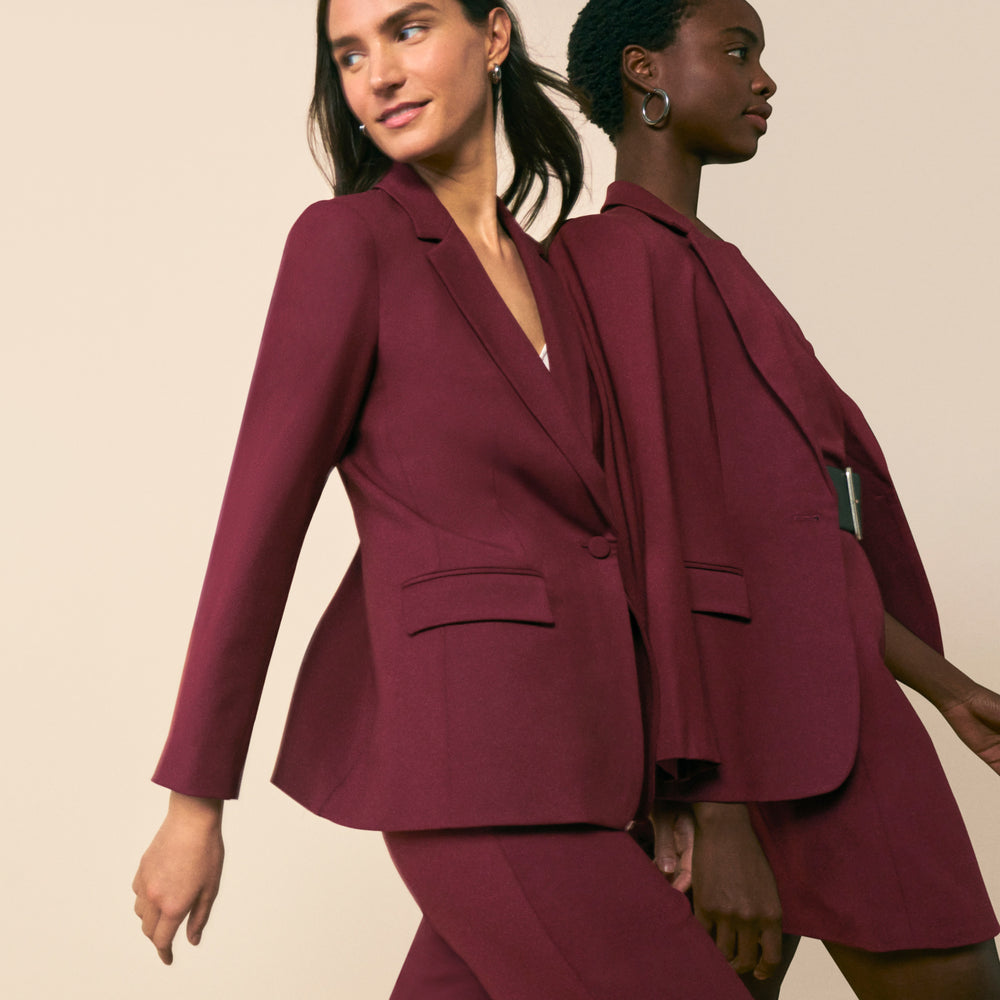 front image of a woman wearing the yiyan blazer in shiraz