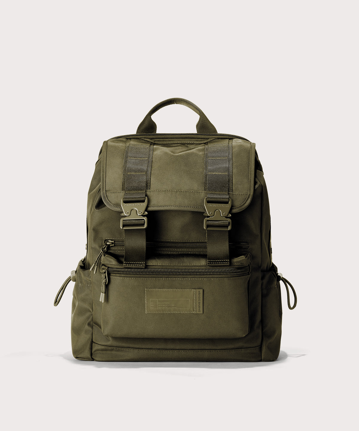 Green backpack with multiple straps on a light gray background 