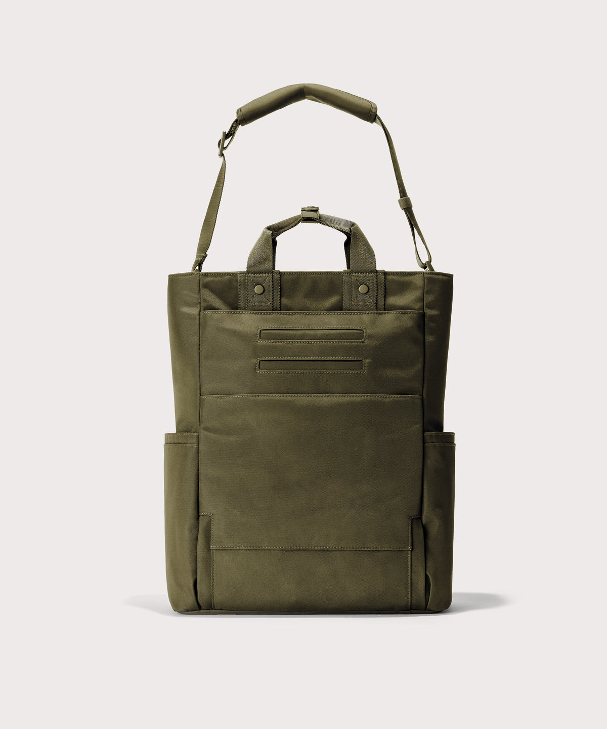 Green tote bag with shoulder strap on a white background