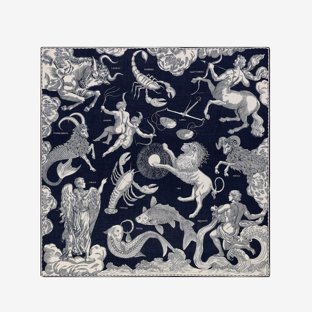 A square scarf featuring an intricate celestial and zodiac tapestry pattern in navy blue and off-white, with detailed illustrations of mythological figures, sea creatures, and constellations.