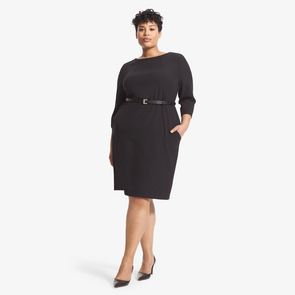 front image of a woman wearing the etsuko dress in black