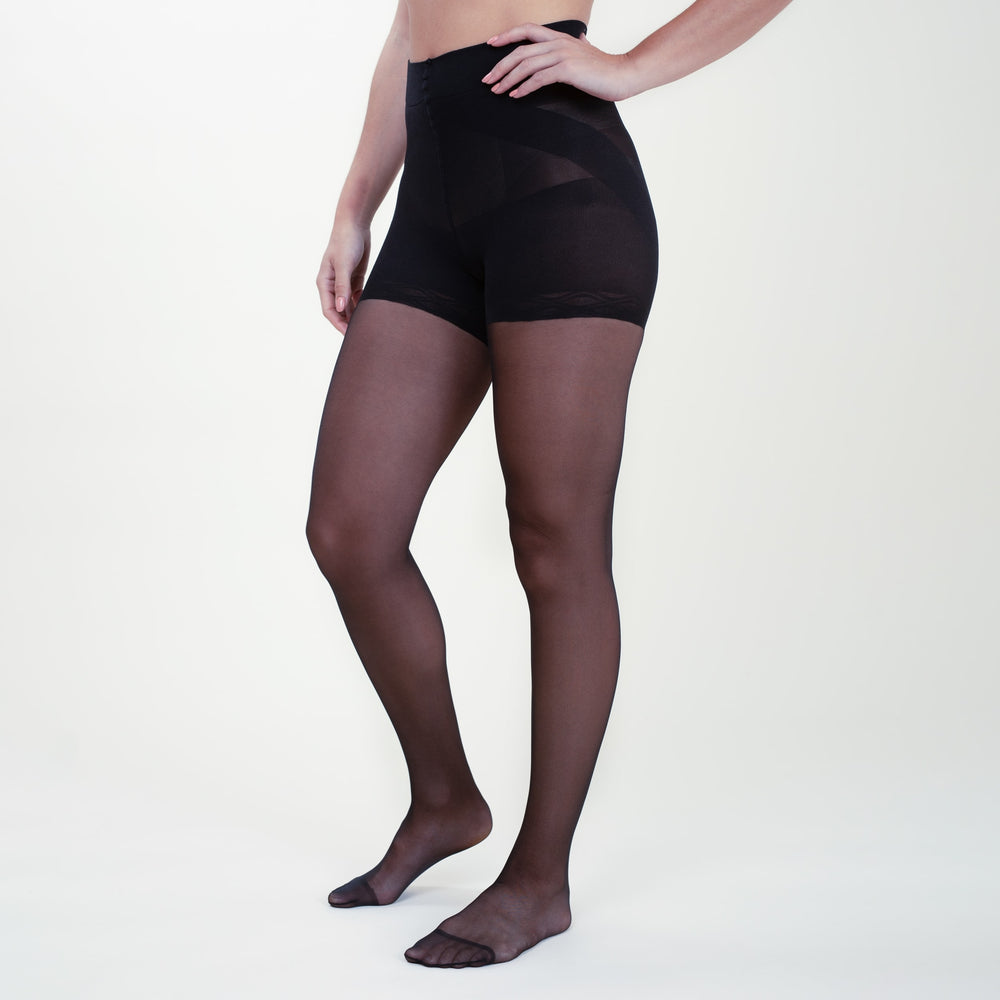 Front image of a woman standing wearing the Threads Sheer Tights in Black