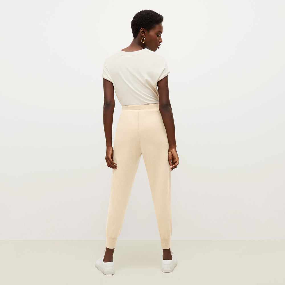 Back image of a woman standing wearing the Keely Jogger—Cashmere in Turbinado