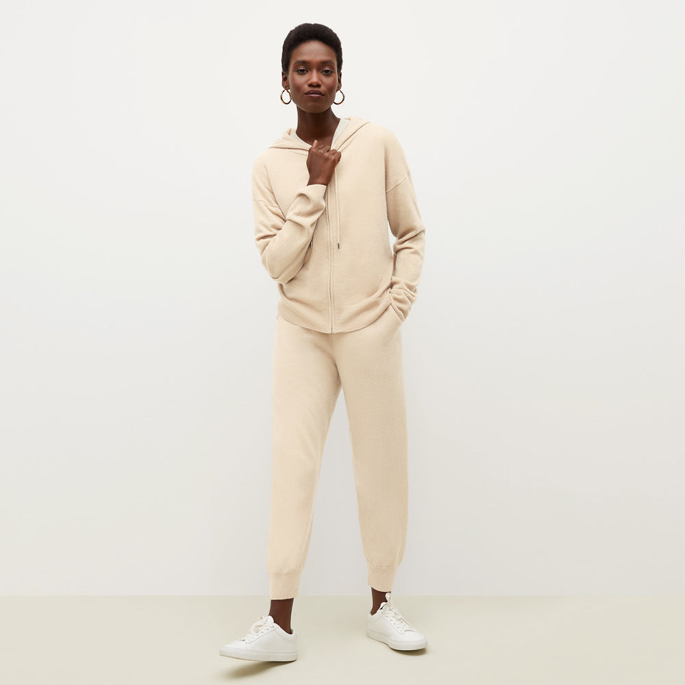 Front image of a woman standing wearing the Keely Jogger—Cashmere in Turbinado