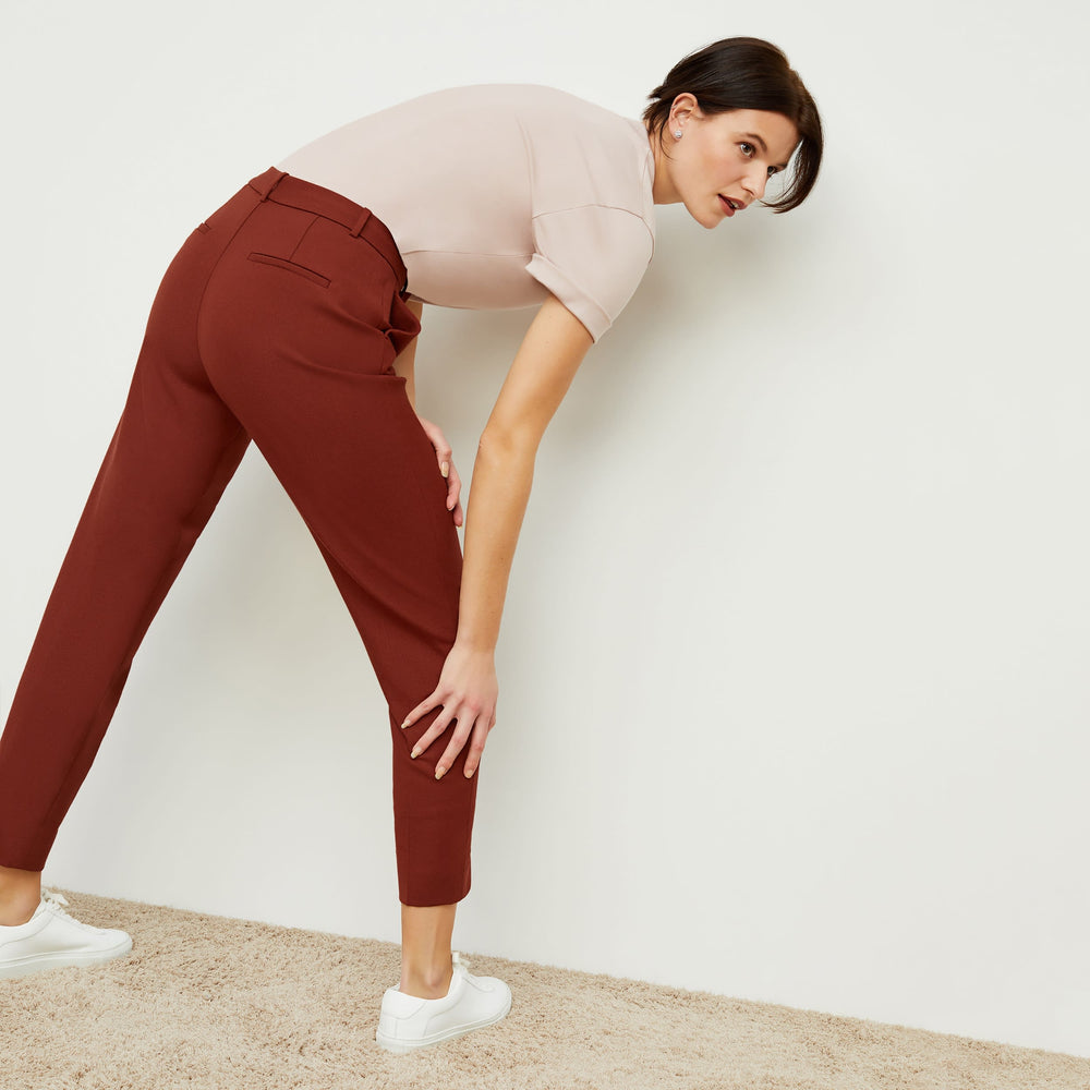 Back image of a woman standing wearing the mejia pant in sharkskin in rust