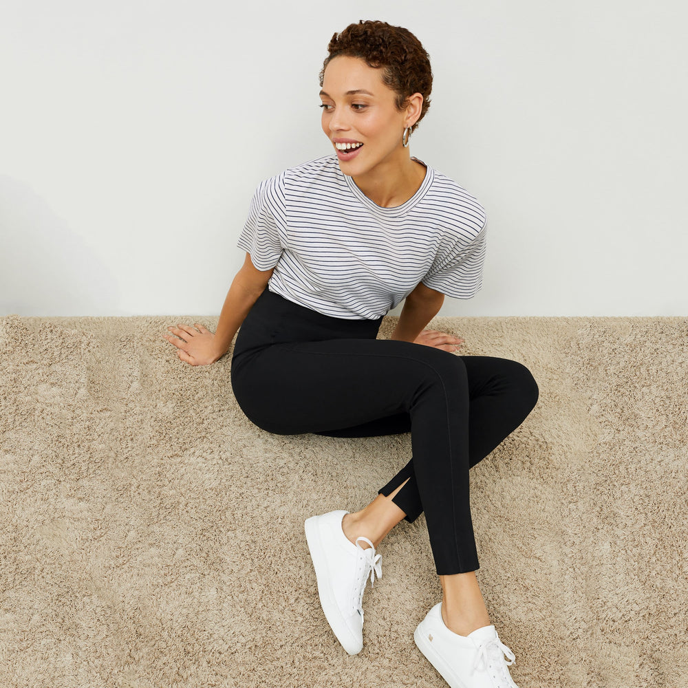 image of woman wearing M.M.LaFleur x Koio Capri Low-Top Sneakers—Leather White