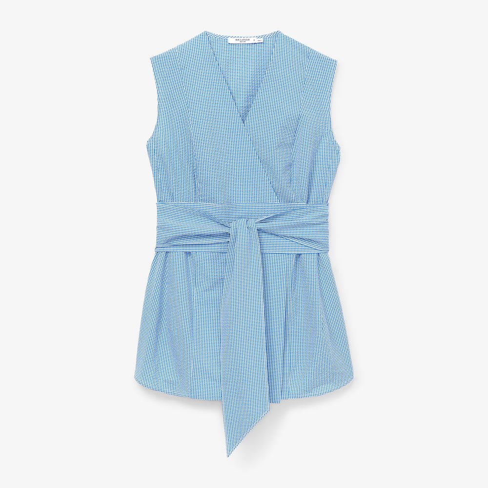 packshot image of the ellen top—Gingham Seersucker in Capri Blue