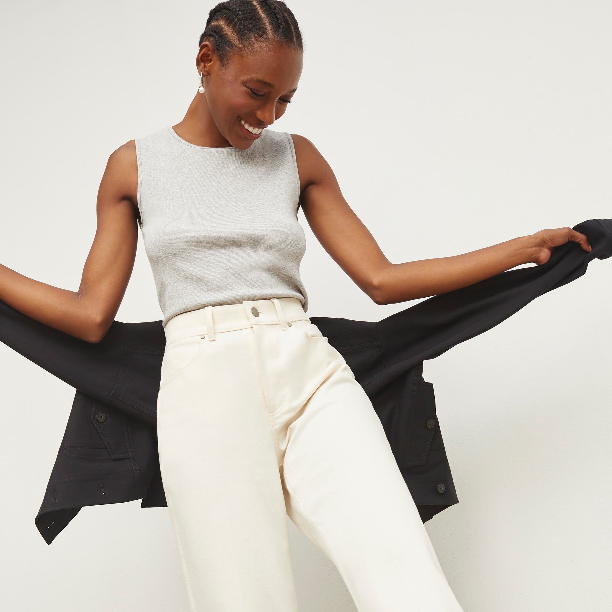 front image of woman wearing the paige tank in gray melange