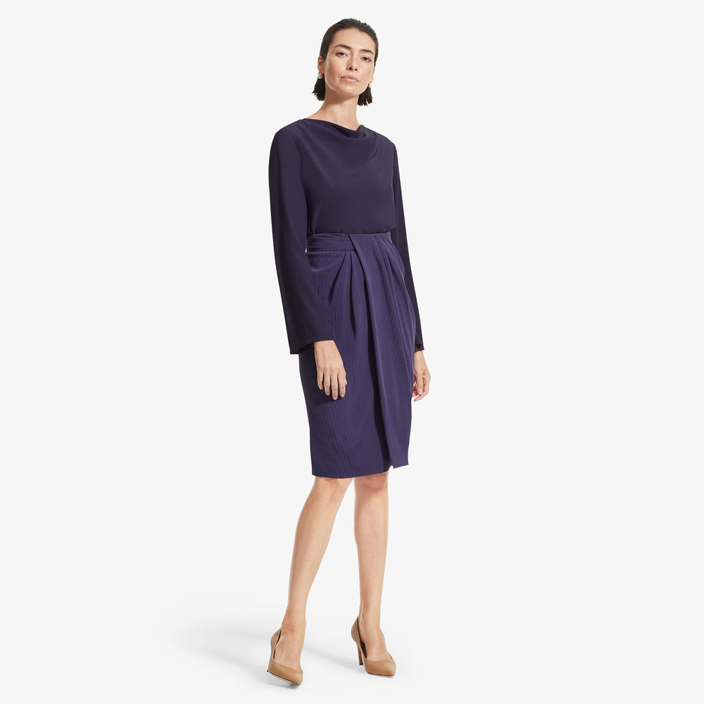 Front image of a woman standing wearing the Lenox skirt foulard in Iolite