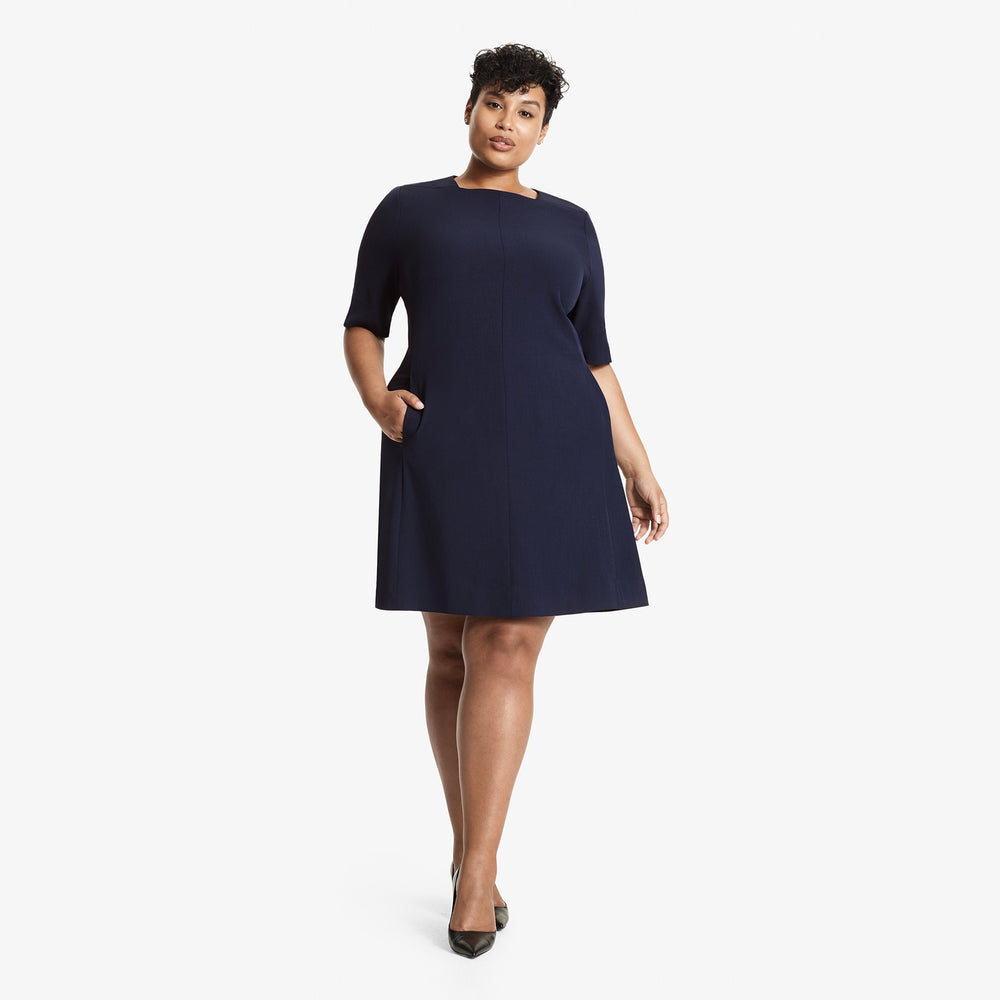 Front image of a woman standing wearing the Emily in Galaxy Blue