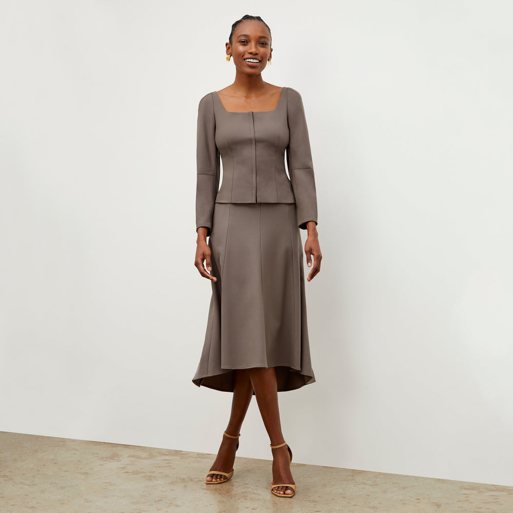 Front image of a woman wearing the Dawn Top - Sharkskin in Mink