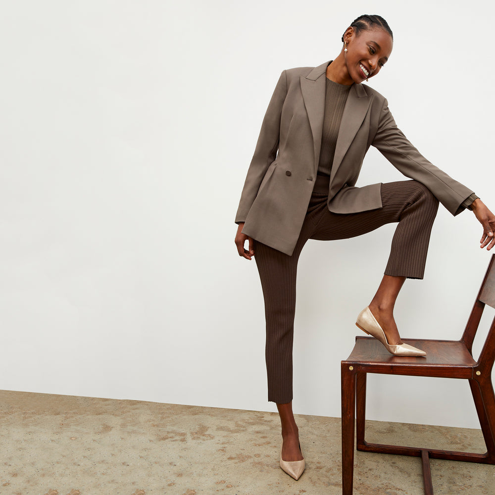 Front image of a woman wearing the Finley Stretch Pant - Ribbed Jardigan Knit in Ash