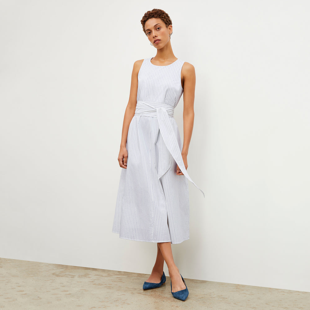 Front image of a woman wearing the Fatima Dress - Poplin Stripe in Blue / Ivory