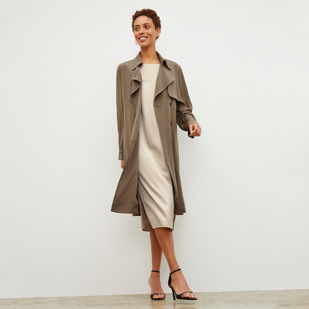Front image of a woman wearing the Jensen Trench - Silk in Deep Khaki
