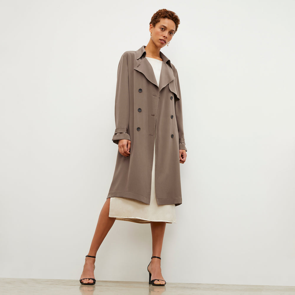 Front image of a woman wearing the Jensen Trench - Silk in Deep Khaki