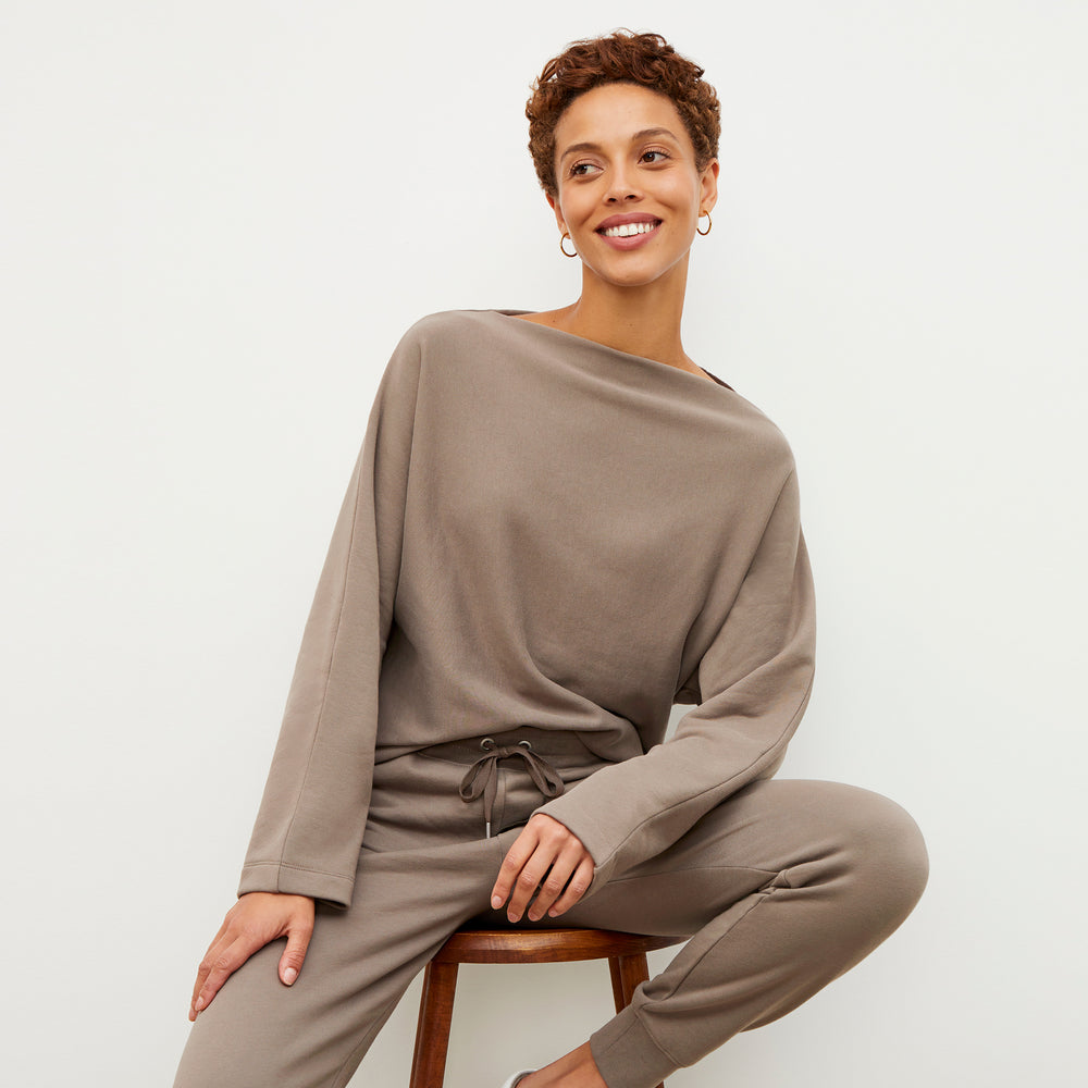 Front image of a woman wearing the Joni Jogger - French Terry in Mink