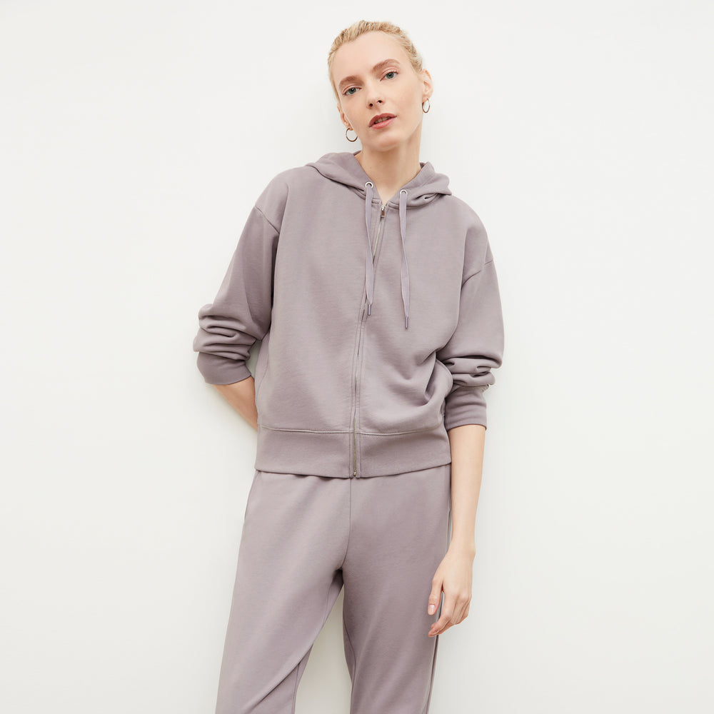 Front image of a woman wearing the Joni Jogger - French Terry in Wisteria