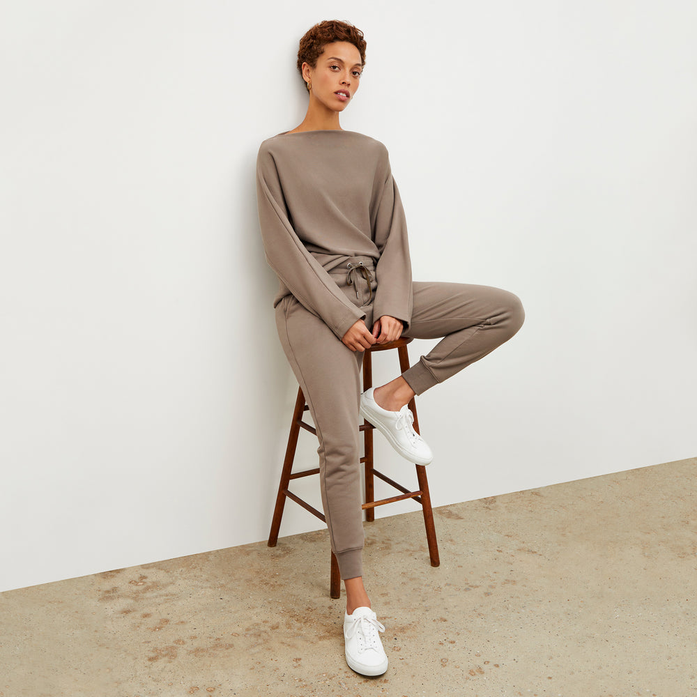 Front image of a woman wearing the Joni Jogger - French Terry in Mink