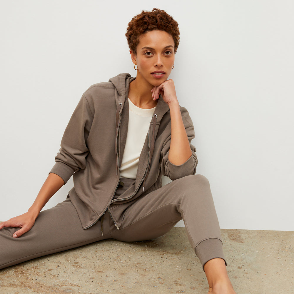 Front image of a woman wearing the Joni Jogger - French Terry in Mink