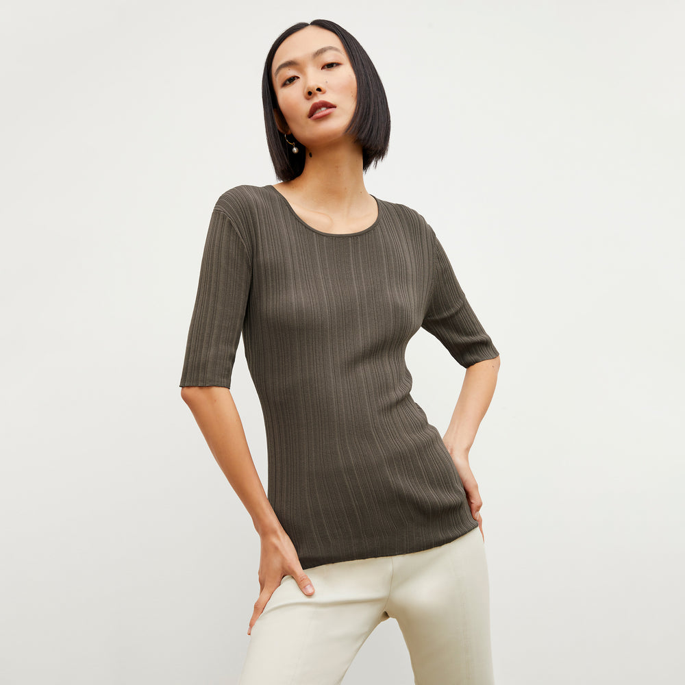Front image of a woman wearing the Charli Top - Textured Knit in Light Ash