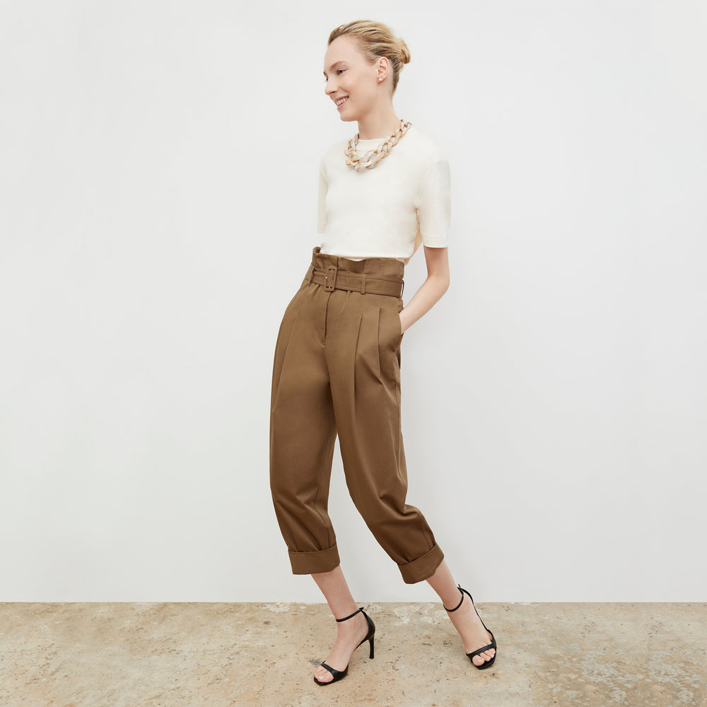 Side image of a woman wearing the Talulah Pant in Sepia