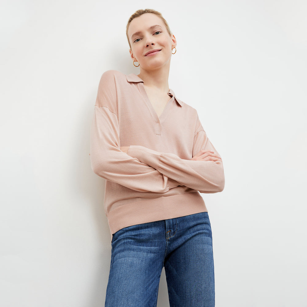 Front image of a woman wearing the Leo Top in Pink Salt