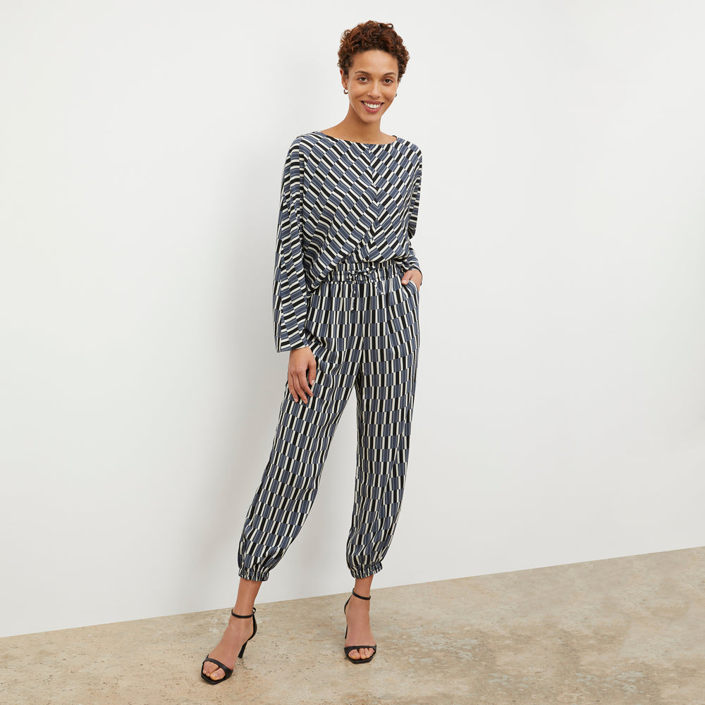 Front image of a woman wearing the Amelia Jogger - Arpeggio Print Washable Silk in Blue / Black