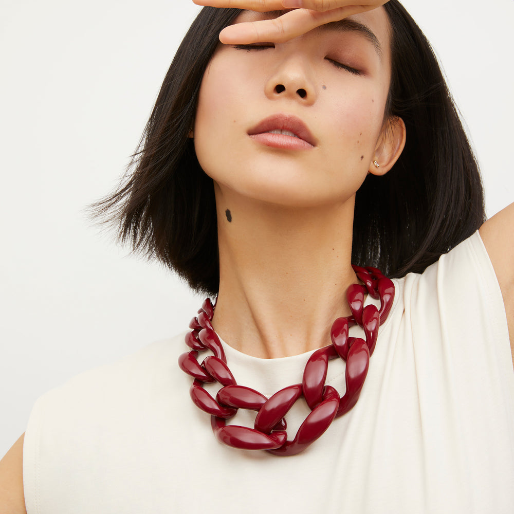 image of a woman wearing the lygia necklace in jasper