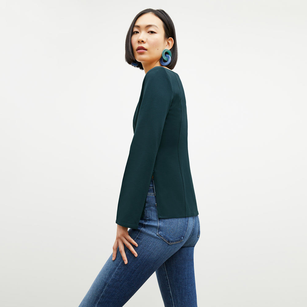 Side image of a woman wearing the Jace Top in Deep Sea