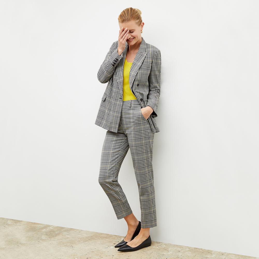 Front image of a woman wearing the o'hara blazer in plaid sharkskin
