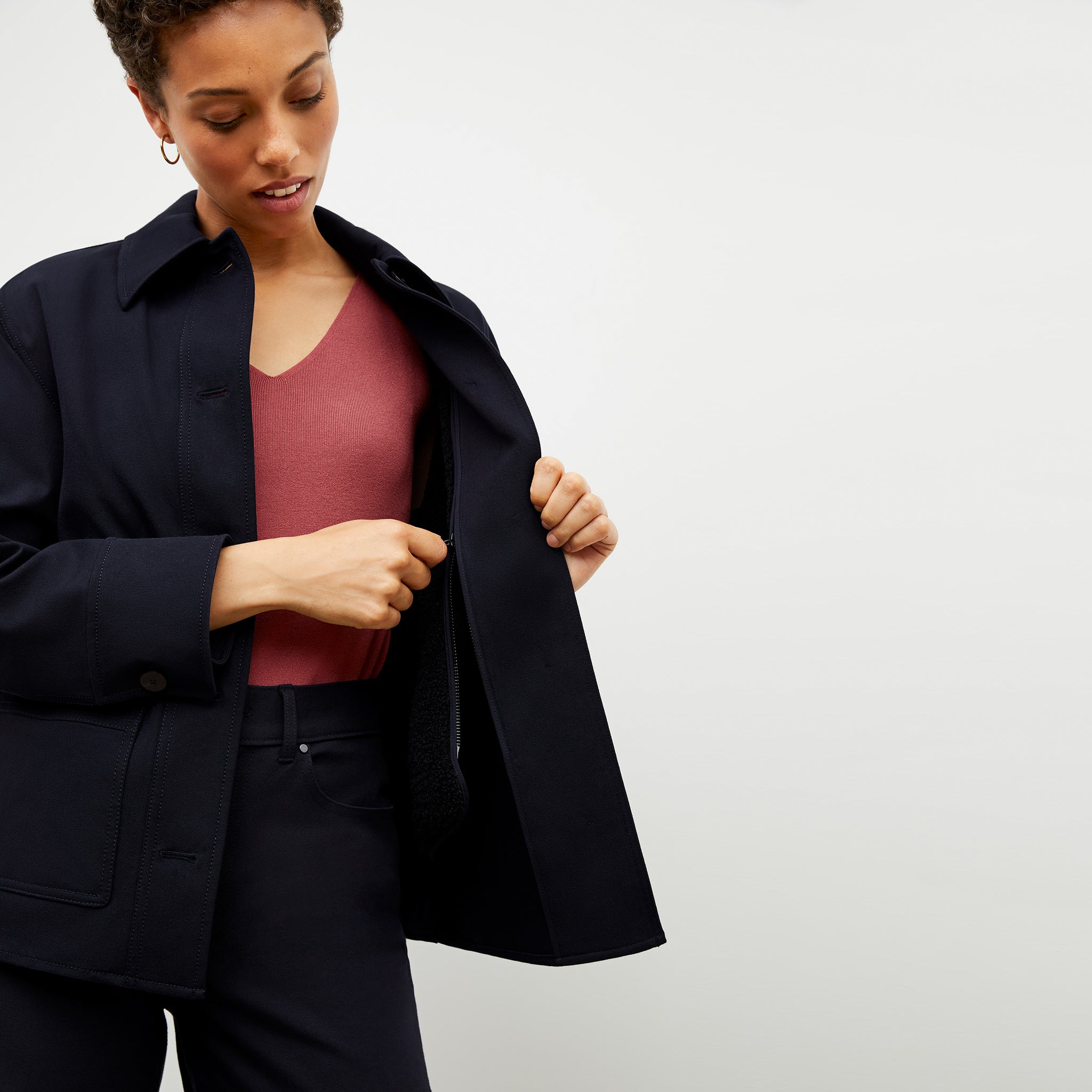 Front image of a woman wearing the steffi jacket in ink