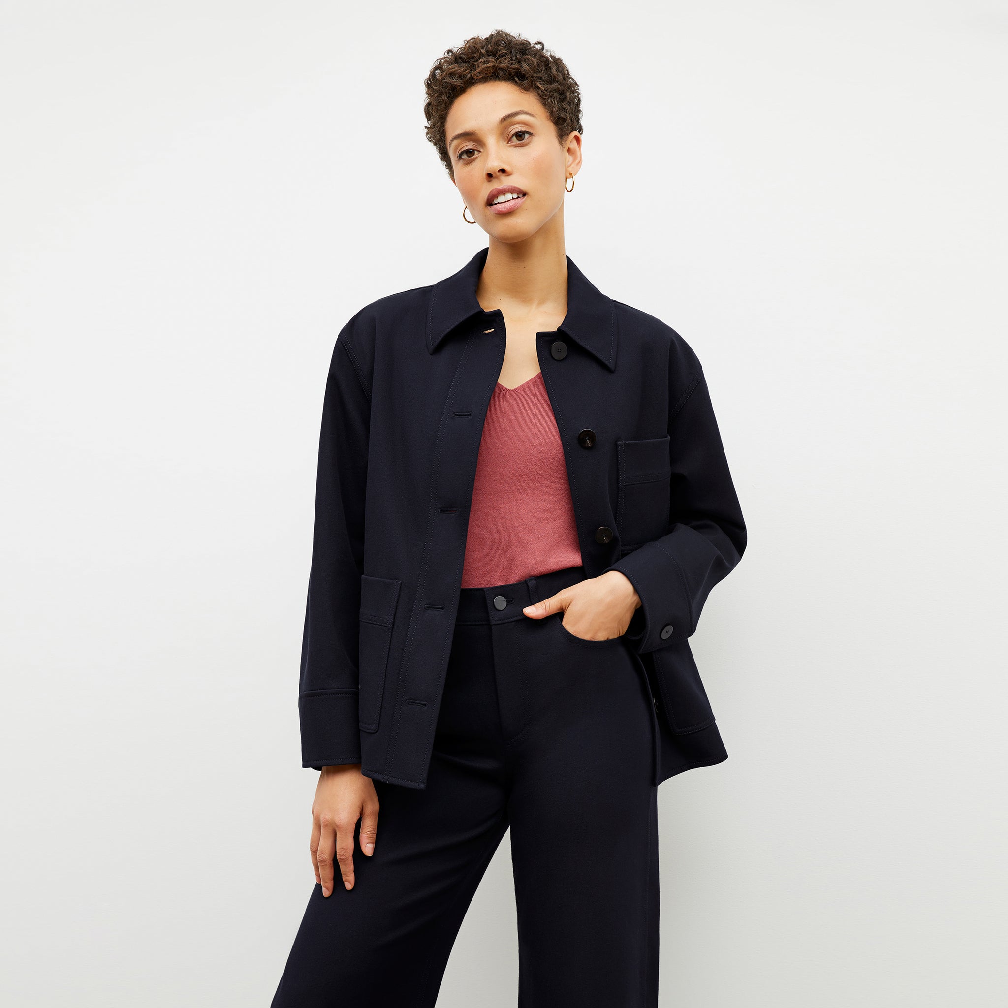 Front image of a woman wearing the steffi jacket in ink