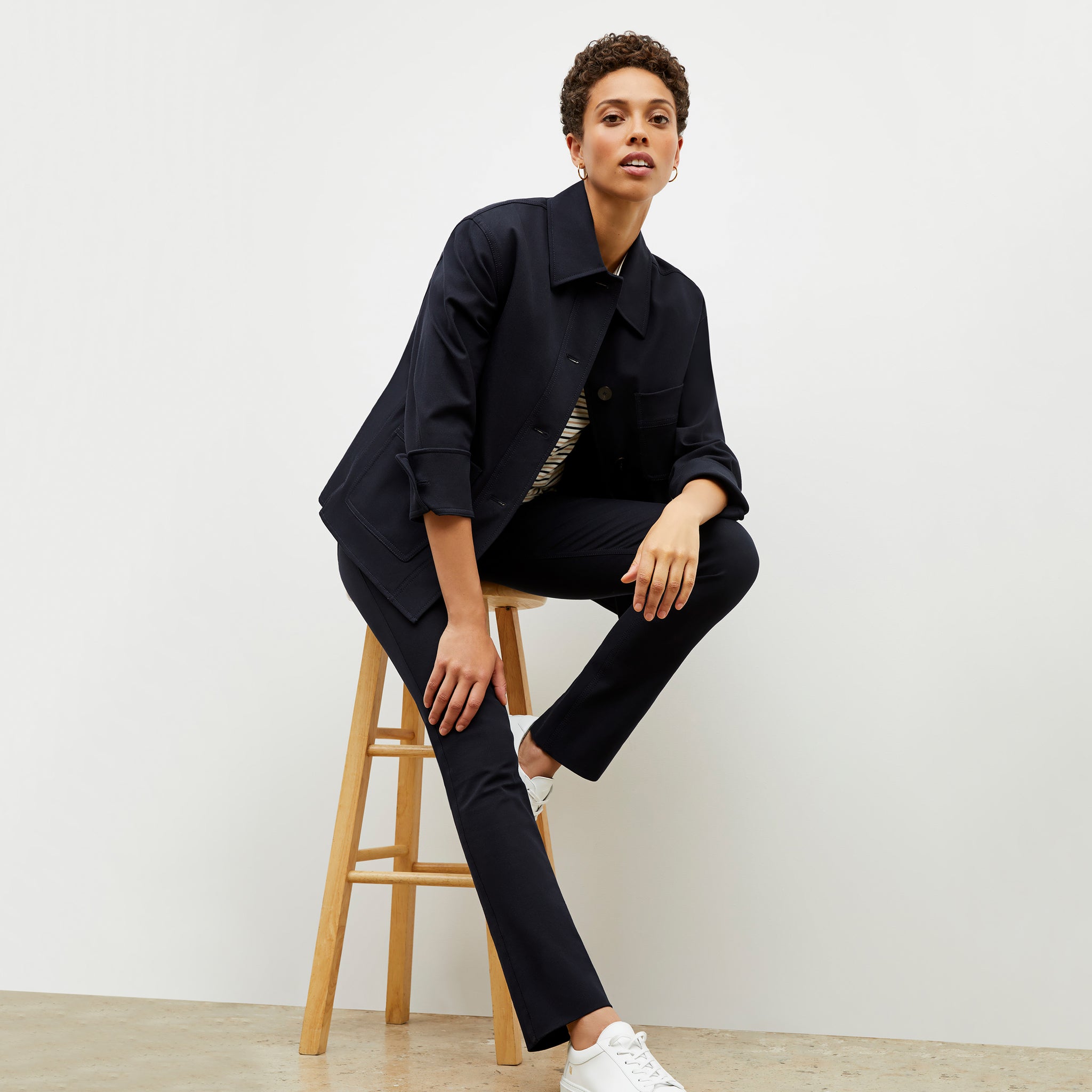 Front image of a woman wearing the steffi jacket in ink