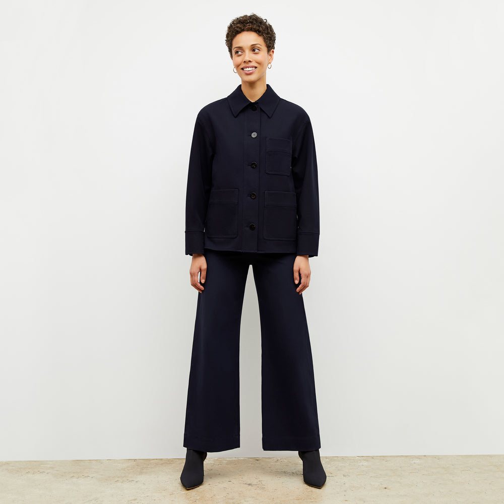 Front image of a woman wearing the steffi jacket in ink
