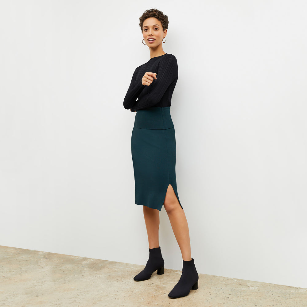 Image of a woman wearing the Harlem Skirt - Jardigan Knit in Deep Sea