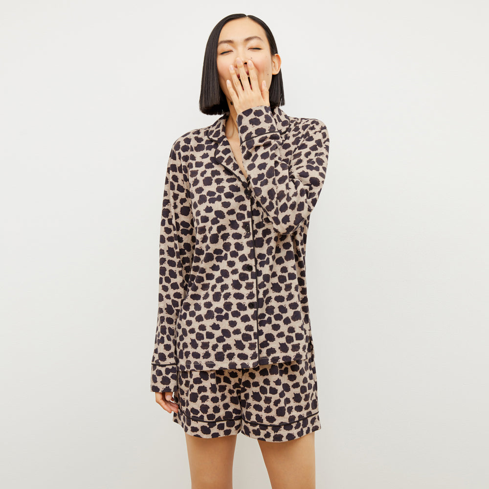 Front image of a woman wearing the Petite Plume x M.M. Long Sleeve Short Set in Sahara Print