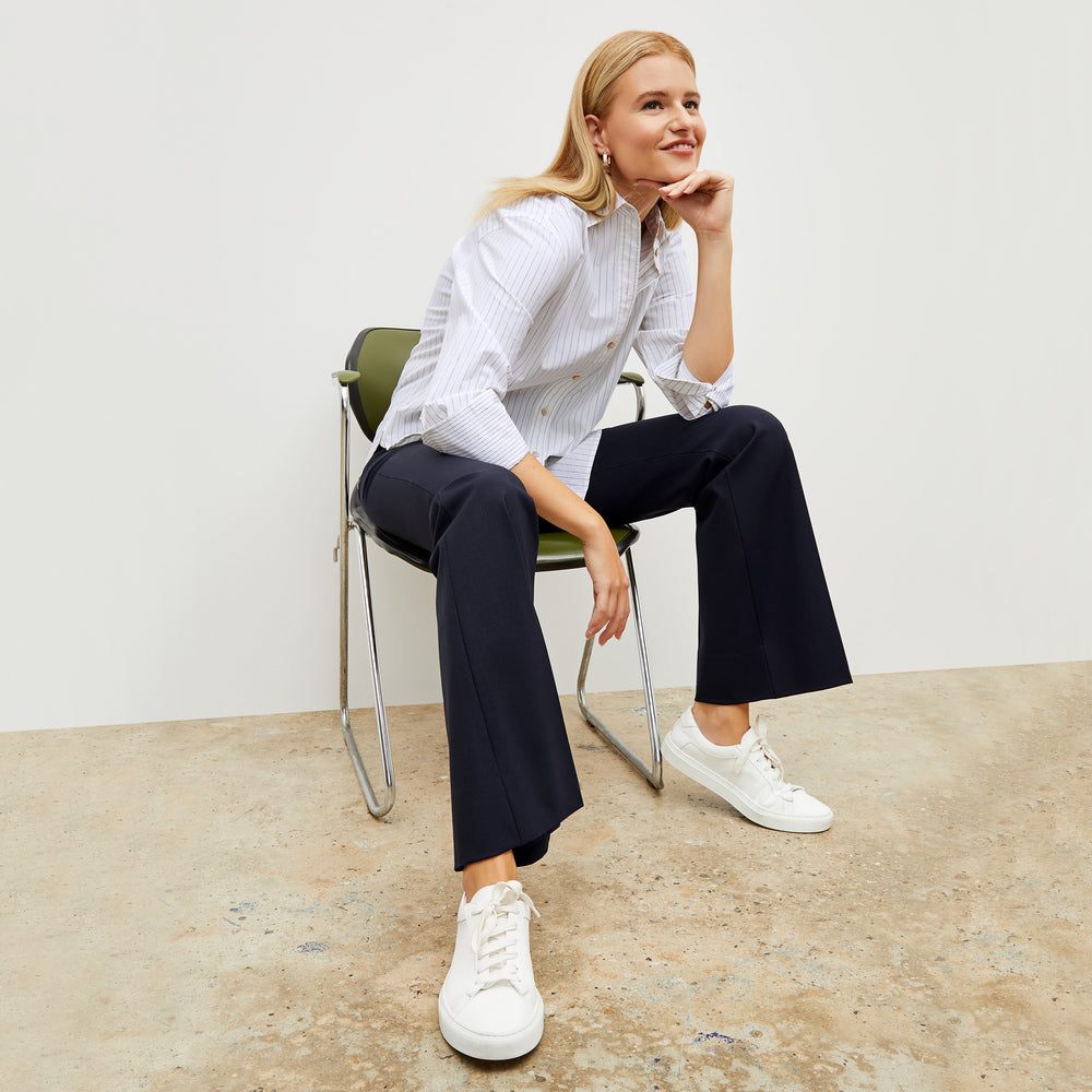 Front image of a woman wearing the Mila Button Down - Poplin Stripe in Blue / Ivory