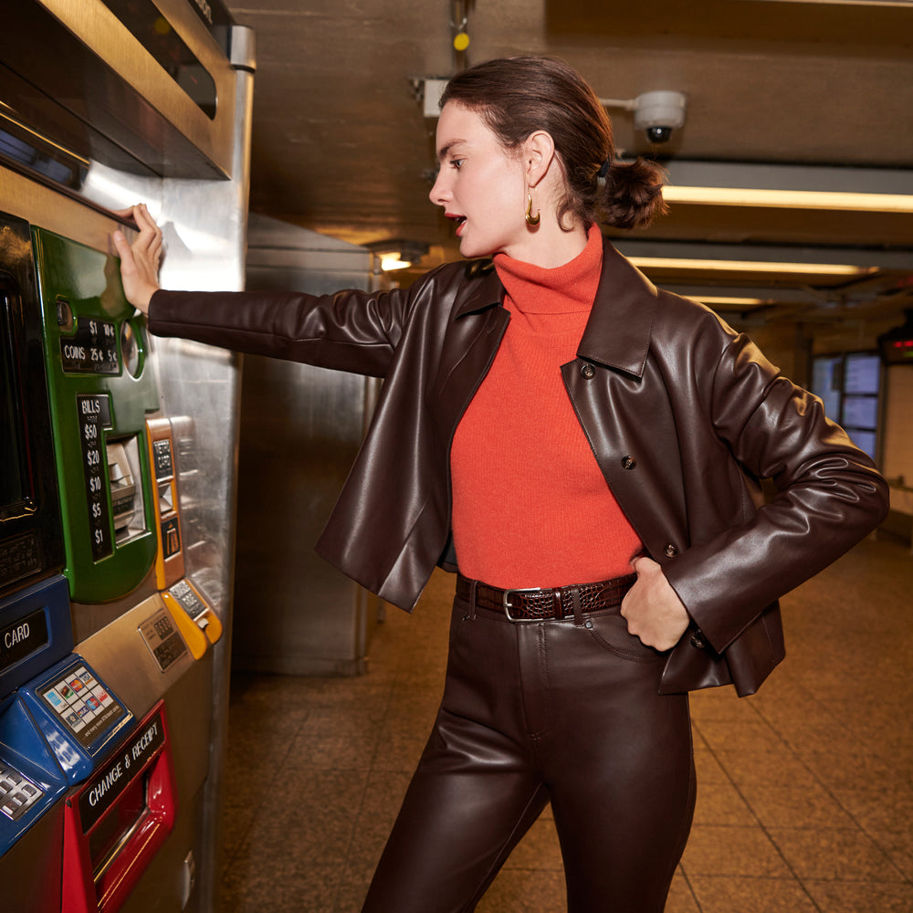 Front image of a woman wearing the archie pant in brown