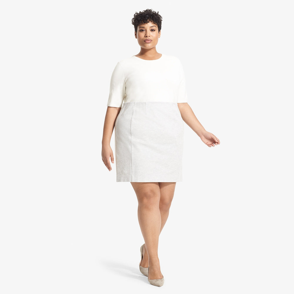 Front image of a woman standing wearing the Crosby Twill Ponte in Light Heather Grey