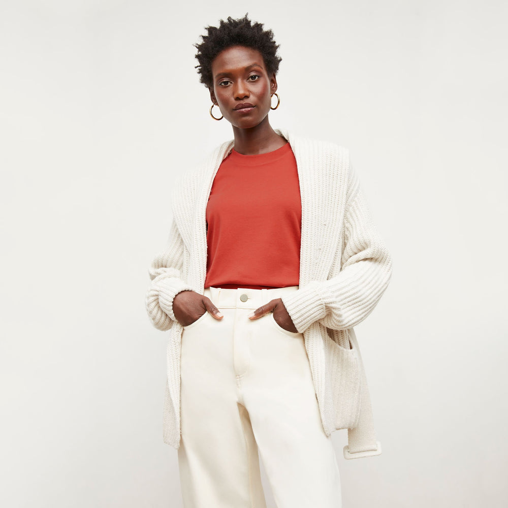 Front image of a woman standing wearing the Snyder Jacket in Ivory